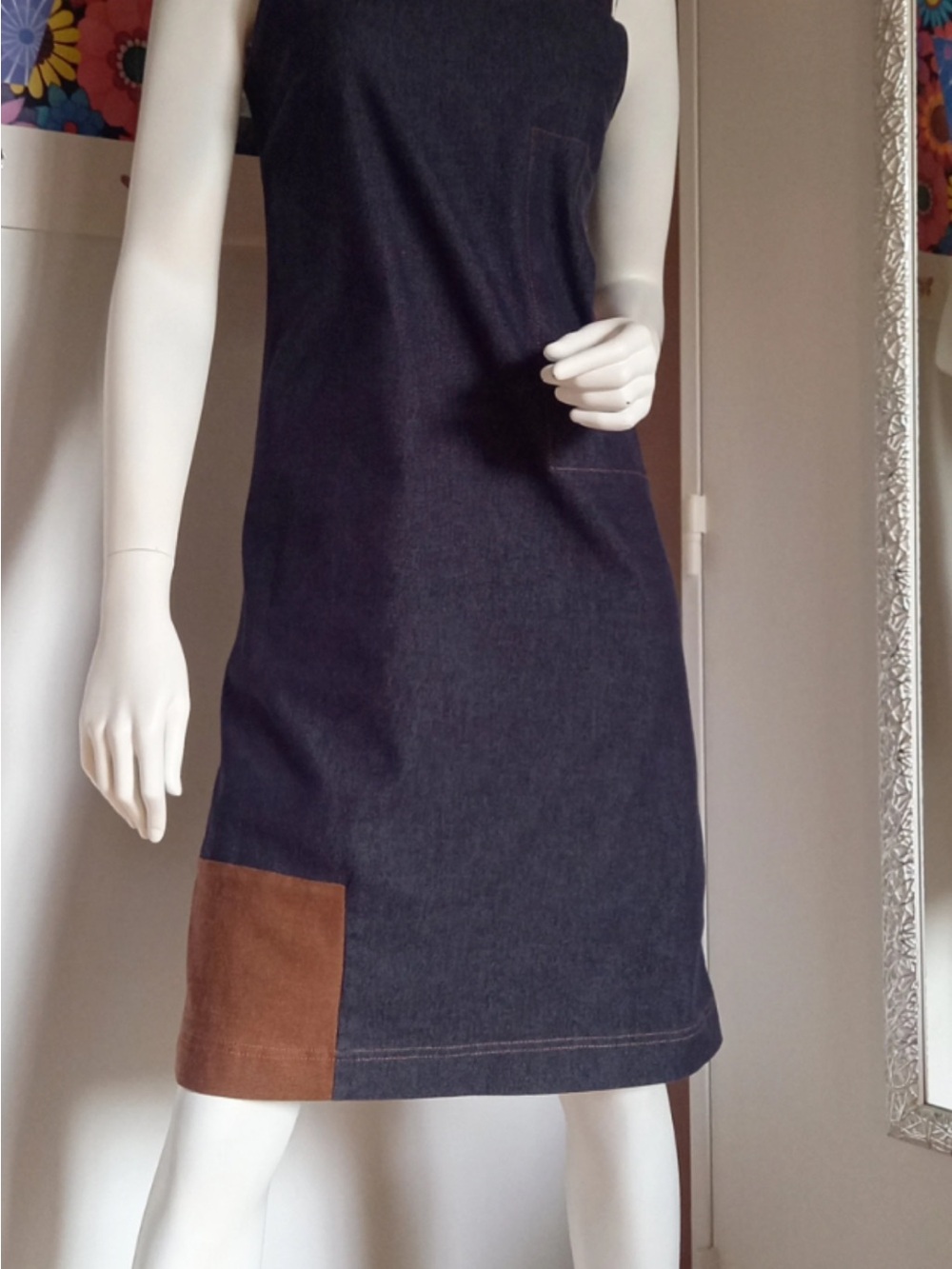 Cop.Copine Denim Pinafore Dress with Brown Patch